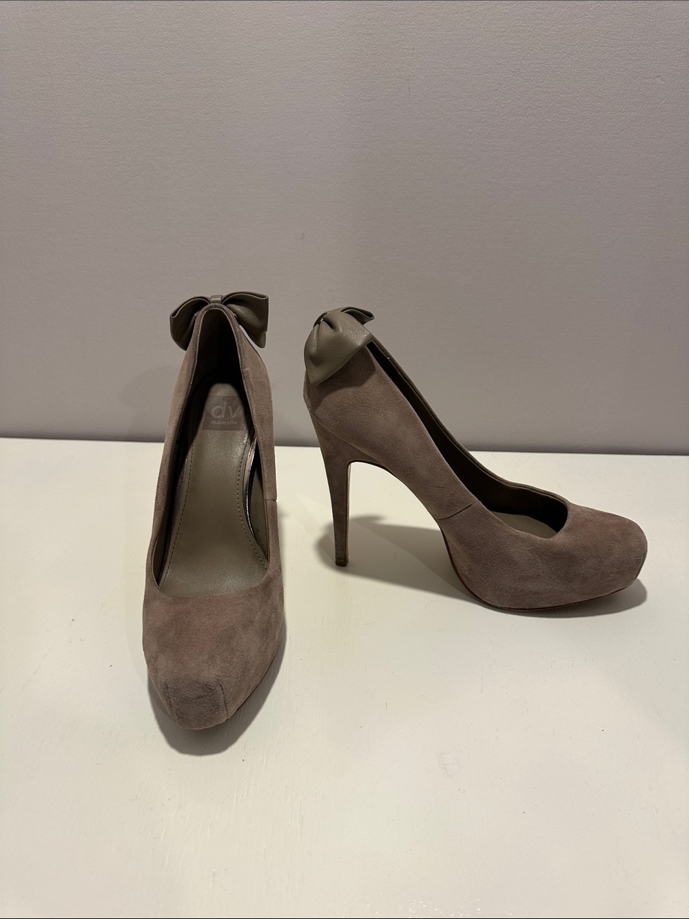DV by Dolce Vita Suede Taupe High-Heel Pumps with Bow Detail